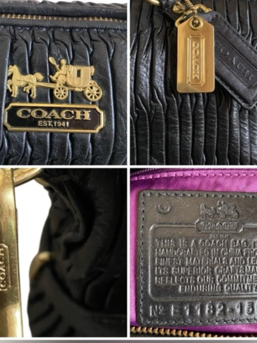 Coach Black Leather Pleated Satchel with Gold Accents